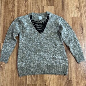 Green Lace-Up Knit Sweater S